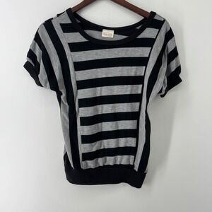 Pretty Good Womens Black Gray Striped Short Sleeve Scoop Neck Ribbed Top S
